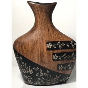 Ceramic MCM Style Floral Wood Look Vase